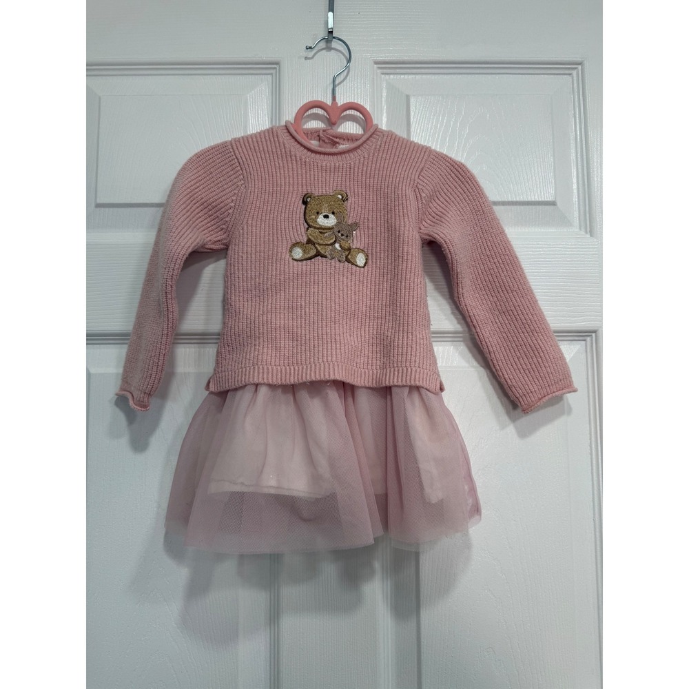 Mayoral Newborn Pink Teddy Bear Knit Tulle Sweater Dress 18M 86cm Long Sleeve
